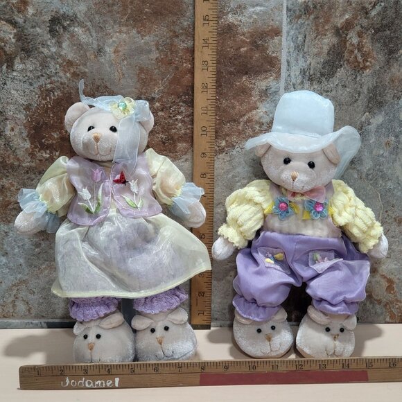 Pair Stuffed Teddy Bears Spring Themed Outfits - Picture 6 of 14